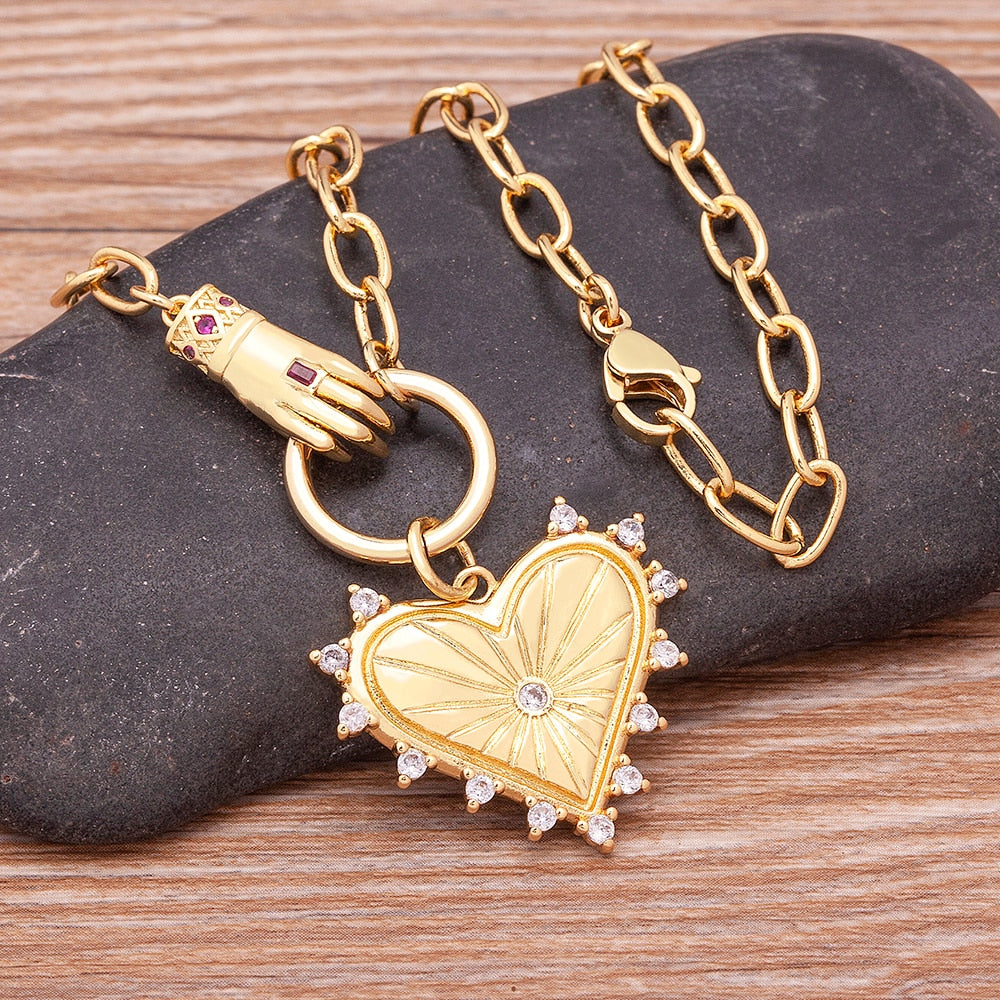 Gold Plated "I Wear my Heart on My Sleeve" Short Pendant Necklace - Very Cool Statement Piece on Paperclip Chain Link.