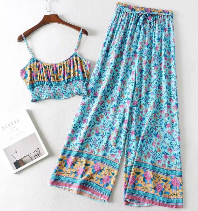 Two piece Bohemian Floral Print Summer Outfit. Short Top with Spaghetti Straps and Wide leg pants.