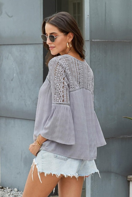 Lovely Blouse with Vintage Lace details at Sleeve, Shoulder and around V Neck. Perfect to pair with Boho Skirts and Pants.