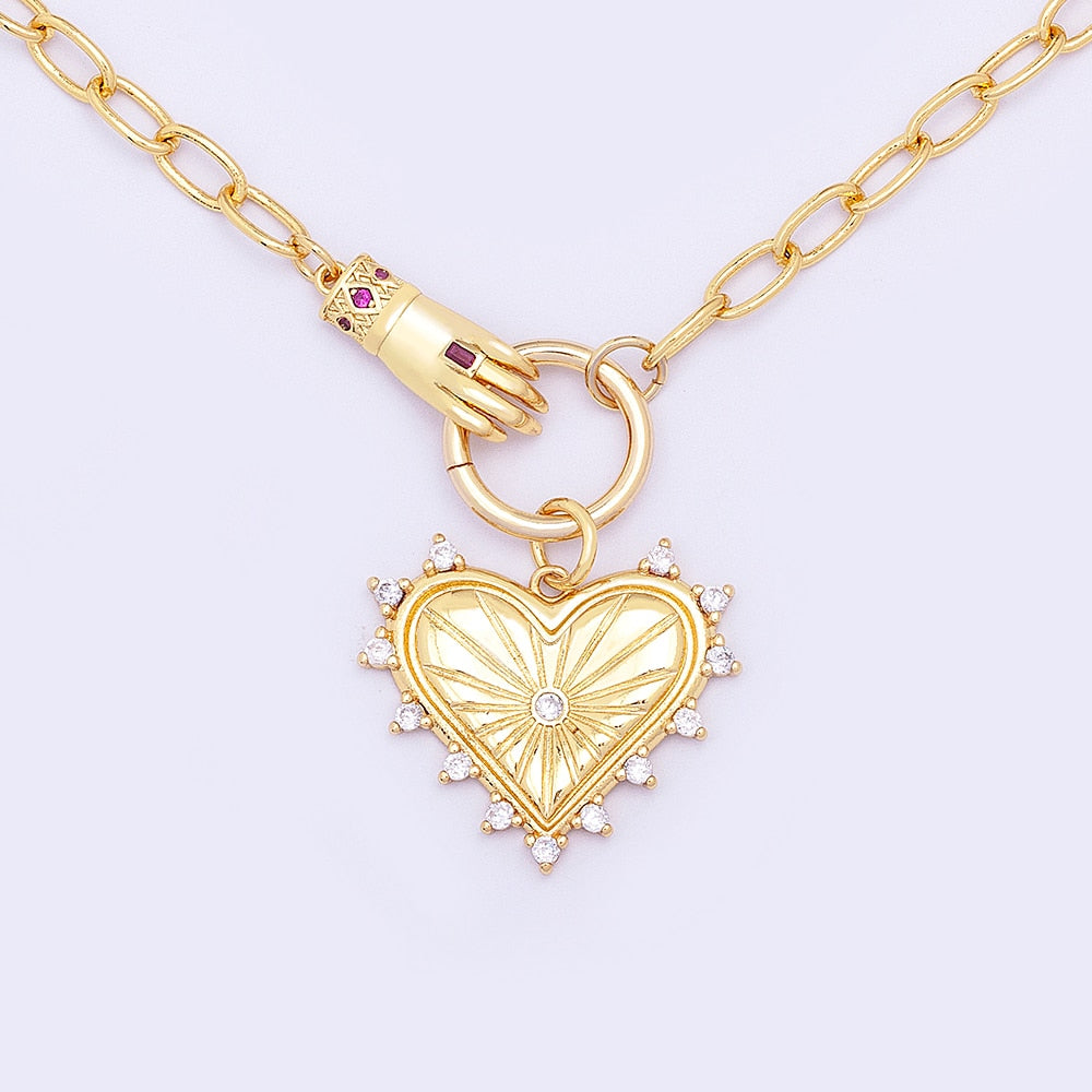 Gold Plated "I Wear my Heart on My Sleeve" Short Pendant Necklace - Very Cool Statement Piece on Paperclip Chain Link.