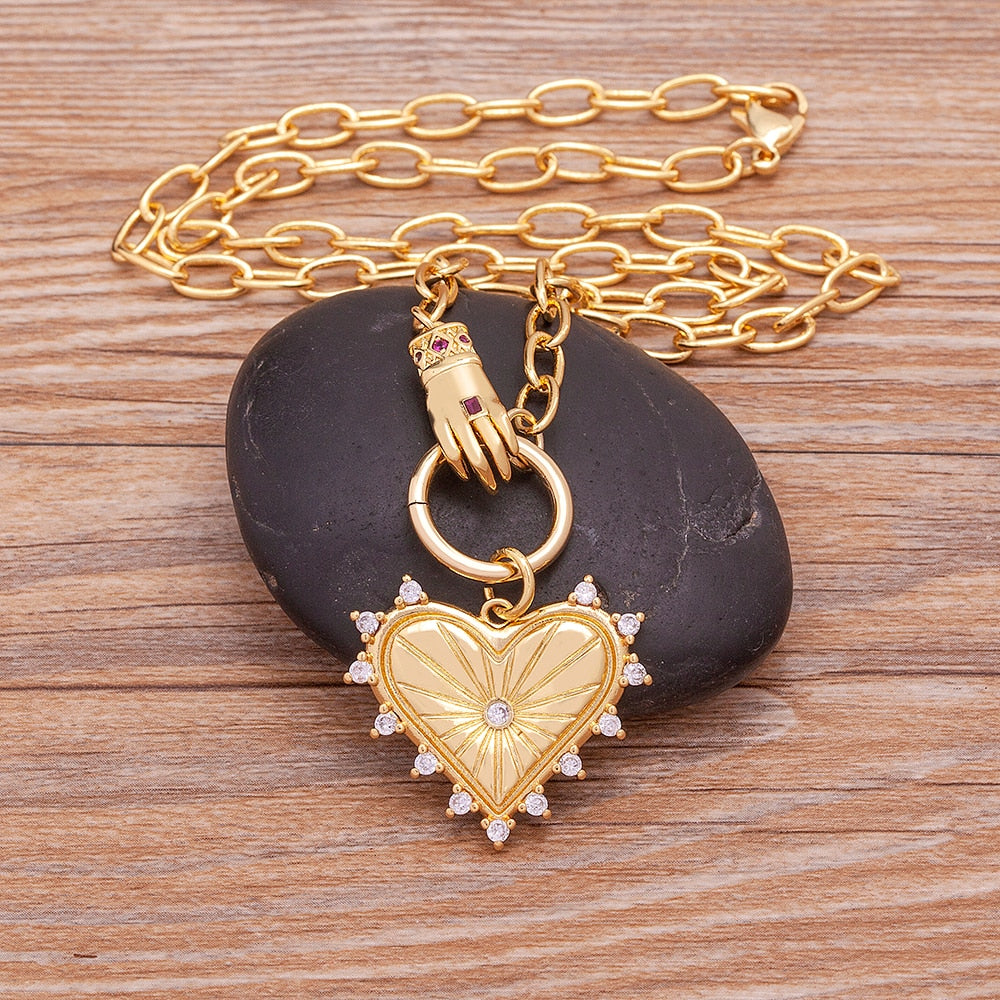 Gold Plated "I Wear my Heart on My Sleeve" Short Pendant Necklace - Very Cool Statement Piece on Paperclip Chain Link.