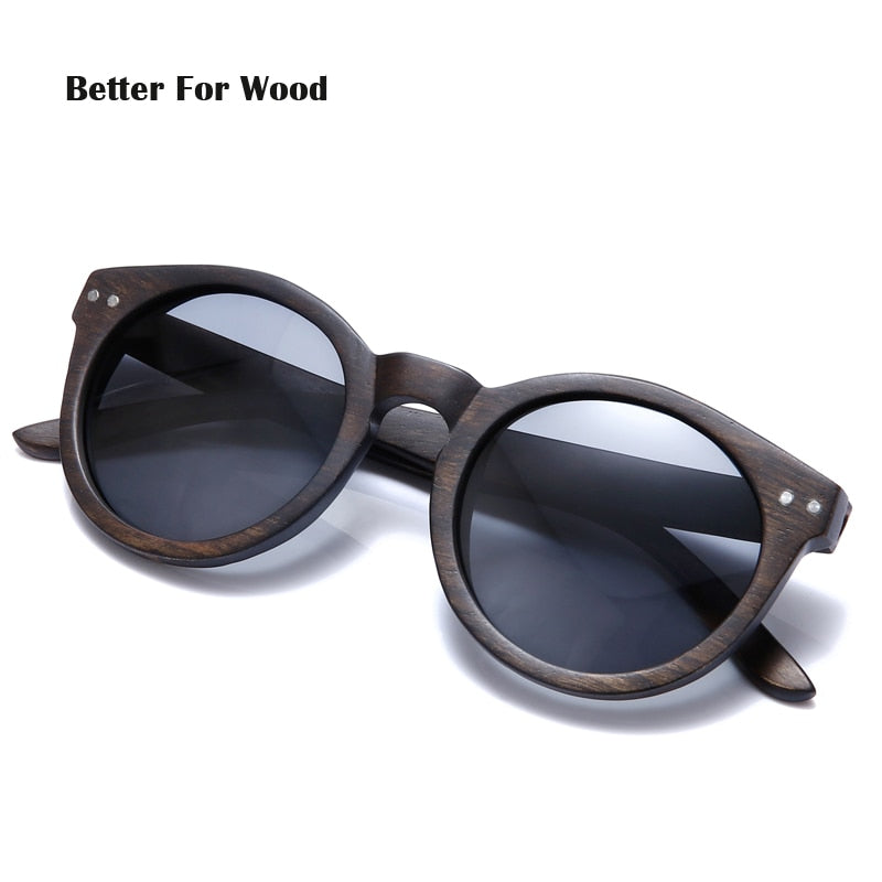 Vintage Round Wood Unisex Sunglasses w Polarized Lens