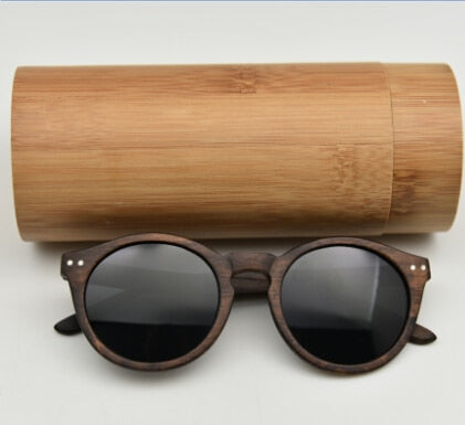 Vintage Round Wood Unisex Sunglasses w Polarized Lens