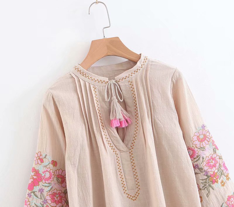 Vintage Chic Bohemian Tassel Top with Exquisite Floral Embroidery on Sleeves