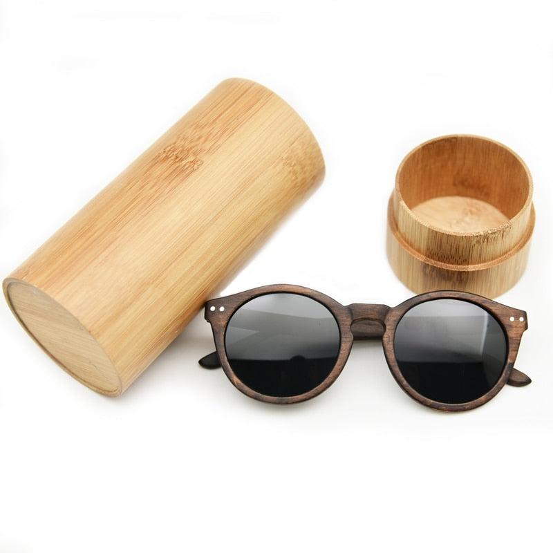 Vintage Round Wood Unisex Sunglasses w Polarized Lens