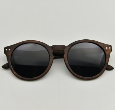 Vintage Round Wood Unisex Sunglasses w Polarized Lens