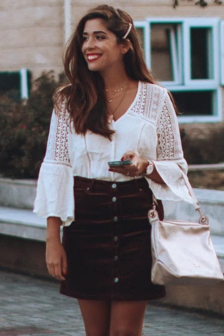 Lovely Blouse with Vintage Lace details at Sleeve, Shoulder and around V Neck. Perfect to pair with Boho Skirts and Pants.