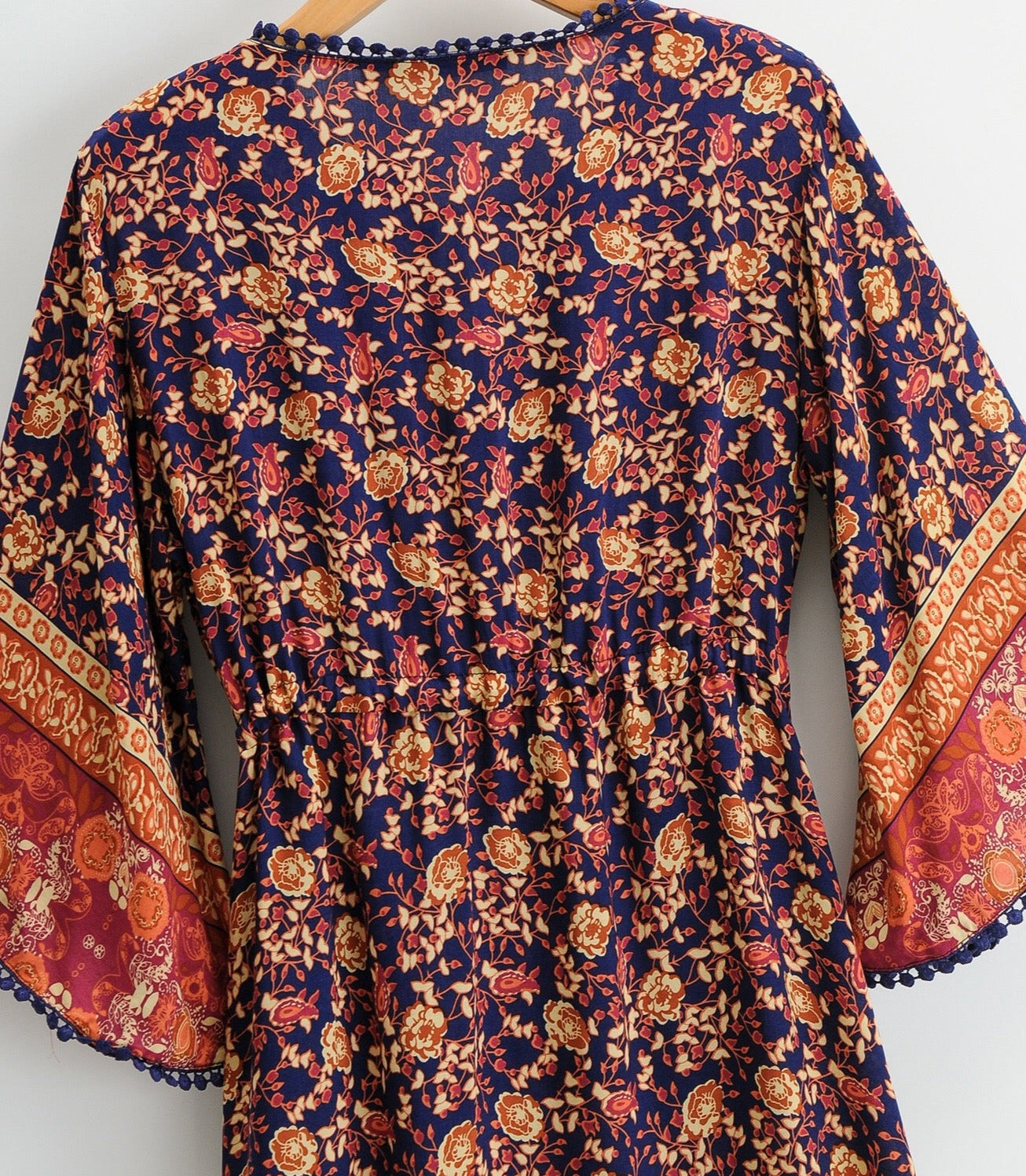 Rich Bohemian Tones Floral Print Midi Dress with Flared Sleeves & Lovely Details