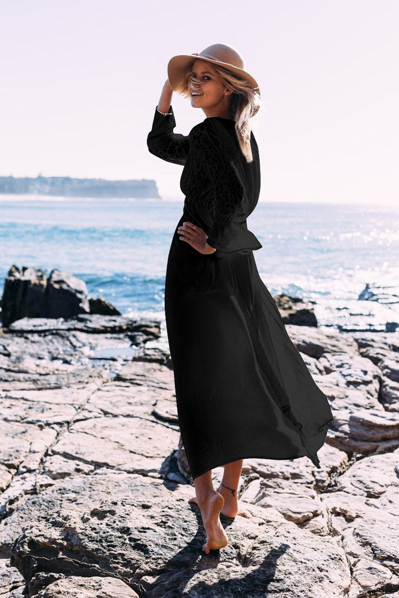 Long sleeve beach cover dress in White and Black. Vintage lace, midi length summer dress with a deep v neck.