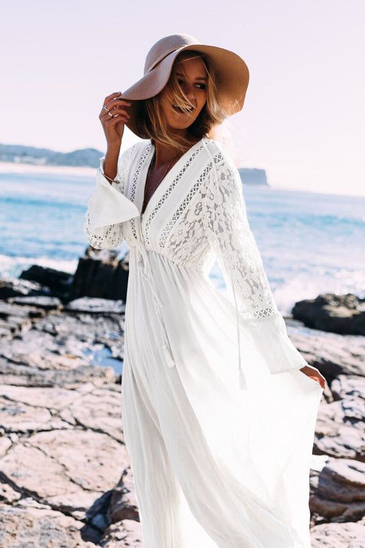 Long sleeve beach cover dress in White and Black. Vintage lace, midi length summer dress with a deep v neck.