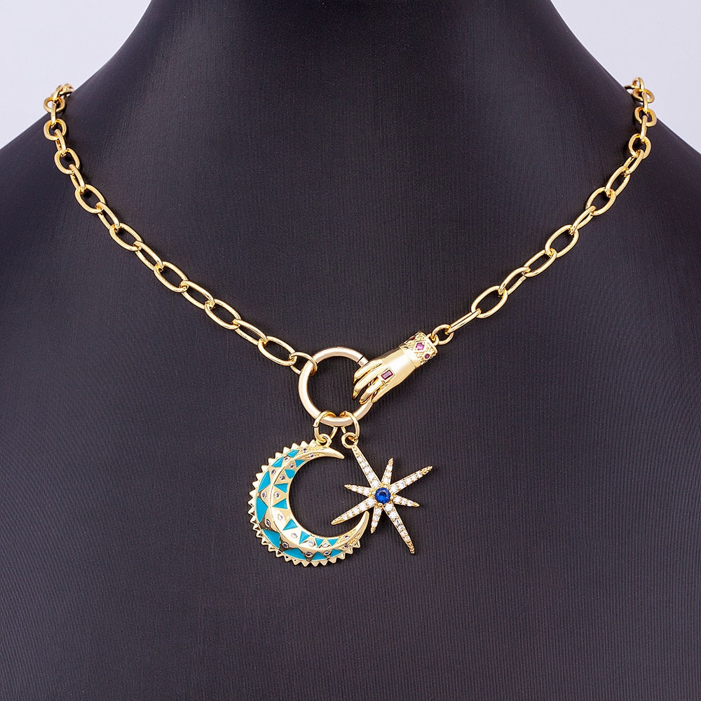 Vintage Golden Chain Choker Moon and Star Pendant Necklace