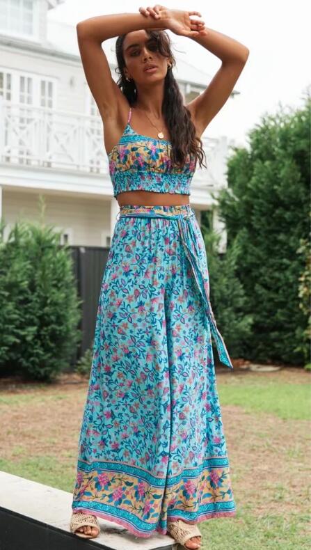 Two Piece Set - Bohemian Crop Top with Smocking & Spaghetti straps in Floral Print.  Wide Leg Pants Ruched at Waistband in Matching Fabric as Top.