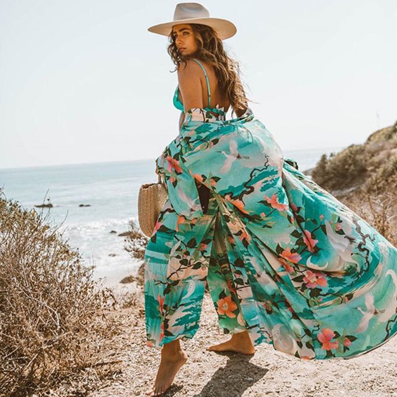 Vintage Retro Night Garde Print Boho Maxi Kimono/ Cardigan bohemian long Wrap blouse Summer Tops Beachwear