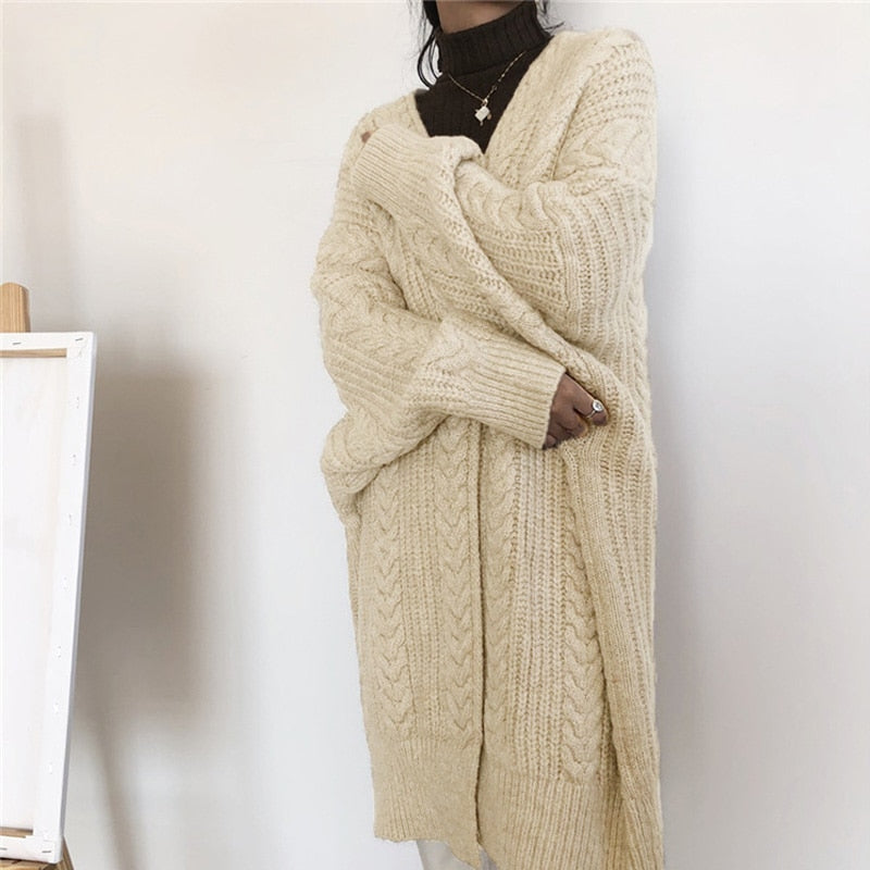 Twist Cable Knitted Sweater Coat. Thick and Long, meant to be worn loose.