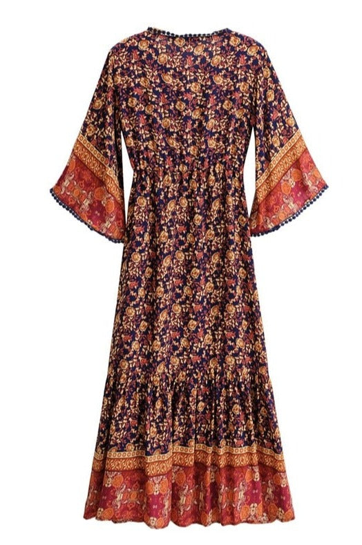 Rich Bohemian Tones Floral Print Midi Dress with Flared Sleeves & Lovely Details