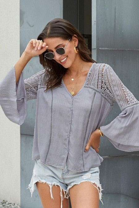 Lovely Blouse with Vintage Lace details at Sleeve, Shoulder and around V Neck. Perfect to pair with Boho Skirts and Pants.