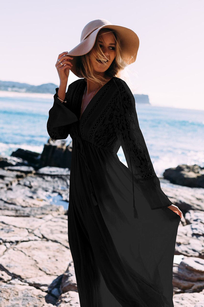 Long sleeve beach cover dress in White and Black. Vintage lace, midi length summer dress with a deep v neck.