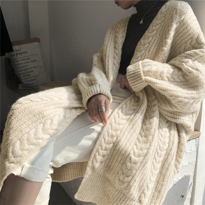 Twist Cable Knitted Sweater Coat. Thick and Long, meant to be worn loose.