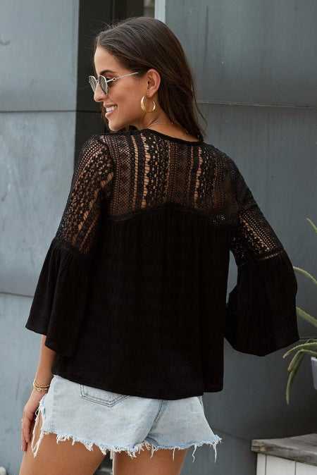 Lovely Blouse with Vintage Lace details at Sleeve, Shoulder and around V Neck. Perfect to pair with Boho Skirts and Pants.