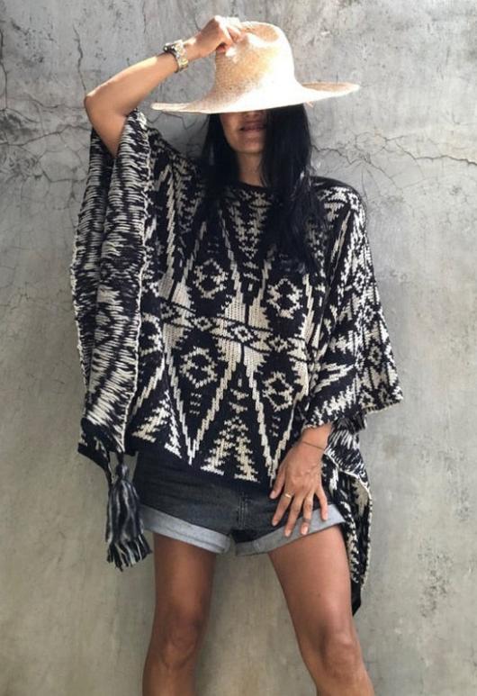 Black & White Indigenous Design Poncho with Fun Tassels.