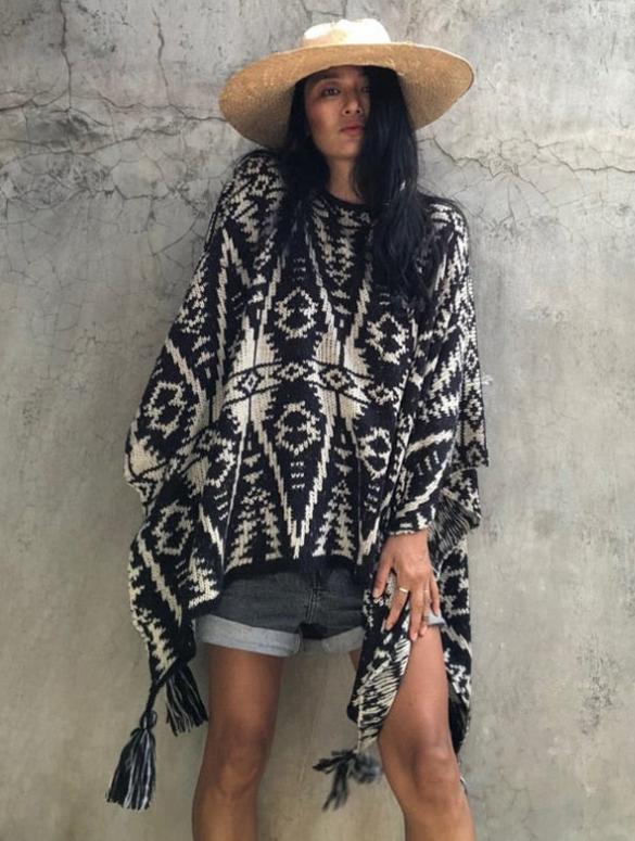 Black & White Indigenous Design Poncho with Fun Tassels.