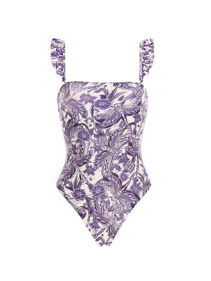 Purple Naturalist Print of Dragonflies on White Tankini & Bikini with matching Wrap Skirt  - Three items Sold Separately