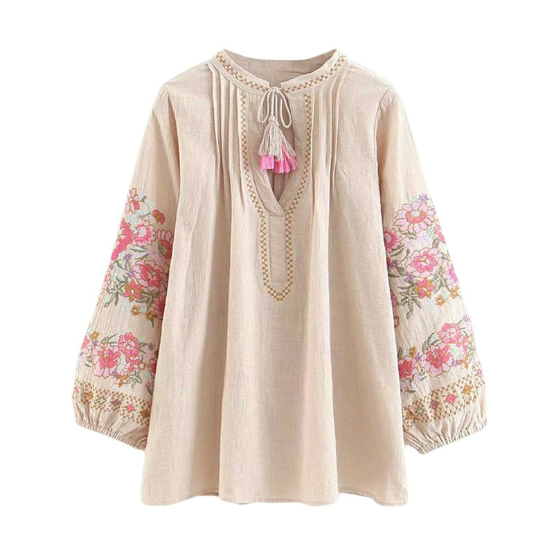 Vintage Chic Bohemian Tassel Top with Exquisite Floral Embroidery on Sleeves