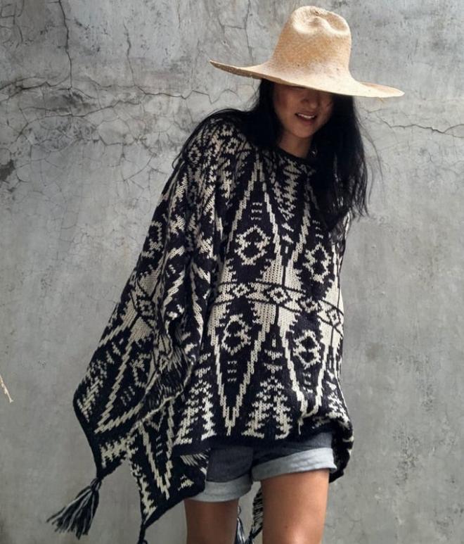 Black & White Indigenous Design Poncho with Fun Tassels.