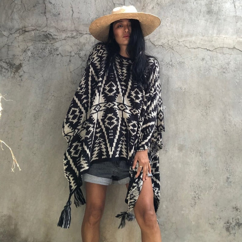 Black & White Indigenous Design Poncho with Fun Tassels.