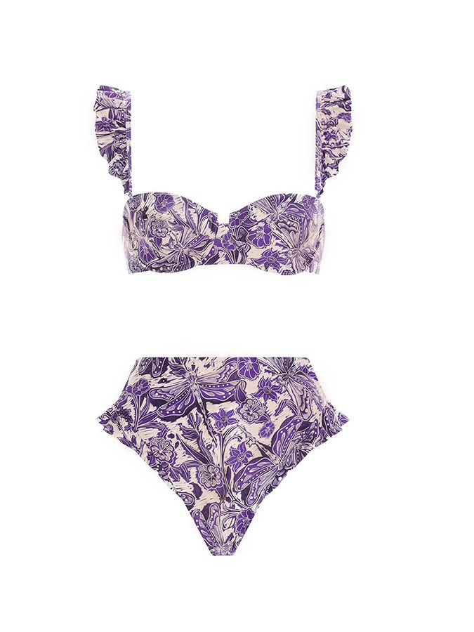 Purple Naturalist Print of Dragonflies on White Tankini & Bikini with matching Wrap Skirt  - Three items Sold Separately