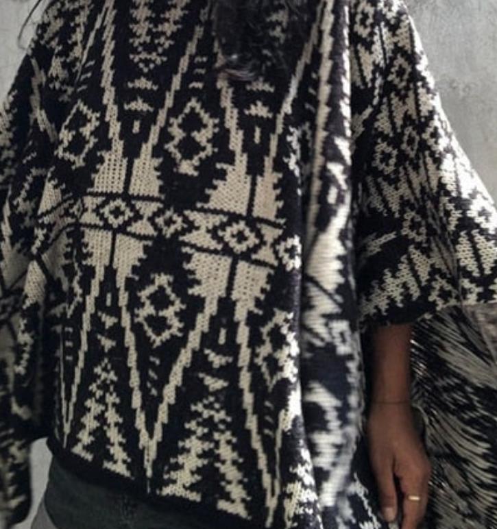 Black & White Indigenous Design Poncho with Fun Tassels.