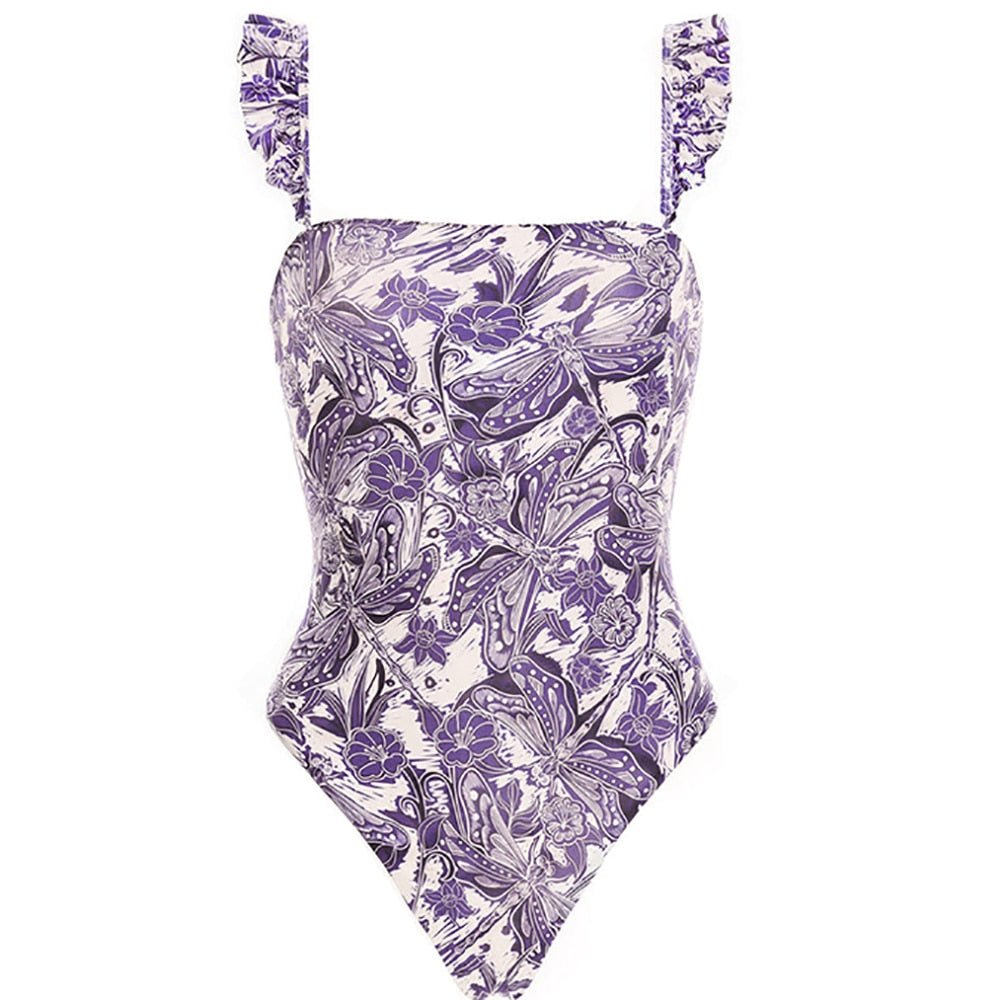 Purple Naturalist Print of Dragonflies on White Tankini & Bikini with matching Wrap Skirt  - Three items Sold Separately