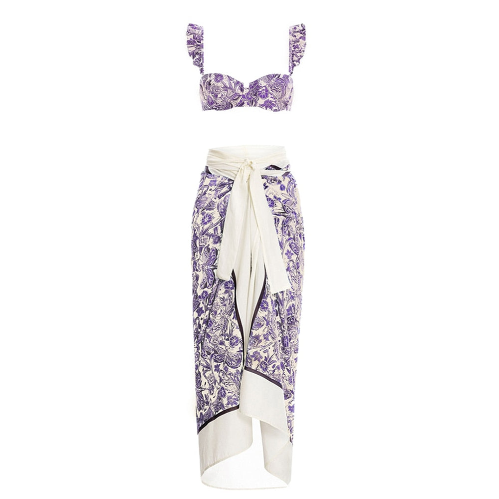 Purple Naturalist Print of Dragonflies on White Tankini & Bikini with matching Wrap Skirt  - Three items Sold Separately