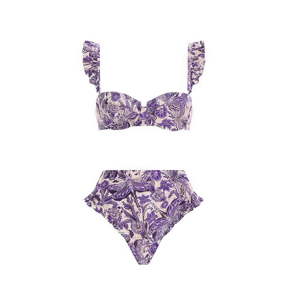 Purple Naturalist Print of Dragonflies on White Tankini & Bikini with matching Wrap Skirt  - Three items Sold Separately